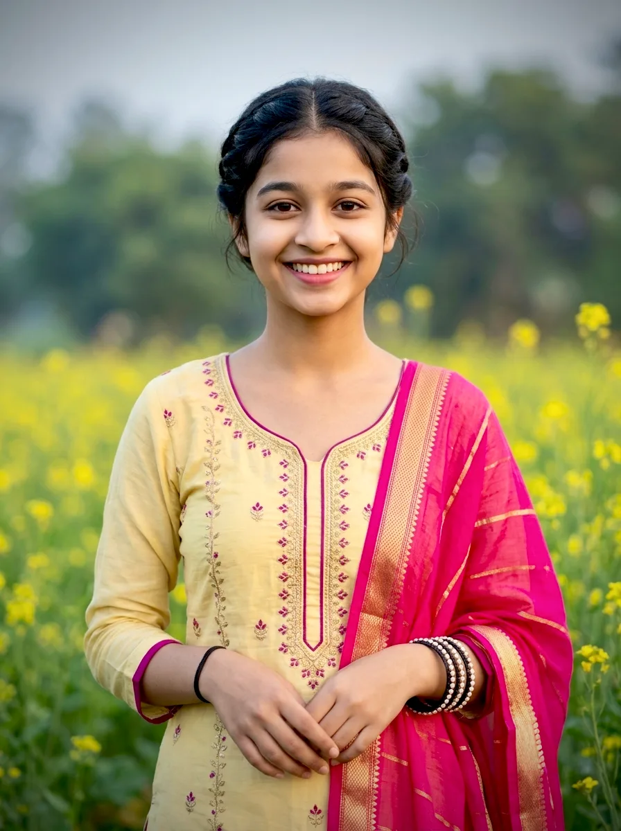 Radiant Punjabi Suit Countryside Ethnic Portrait, Charming Golden Mustard Fields Ethnic Aesthetic, Graceful Hot Pink Dup