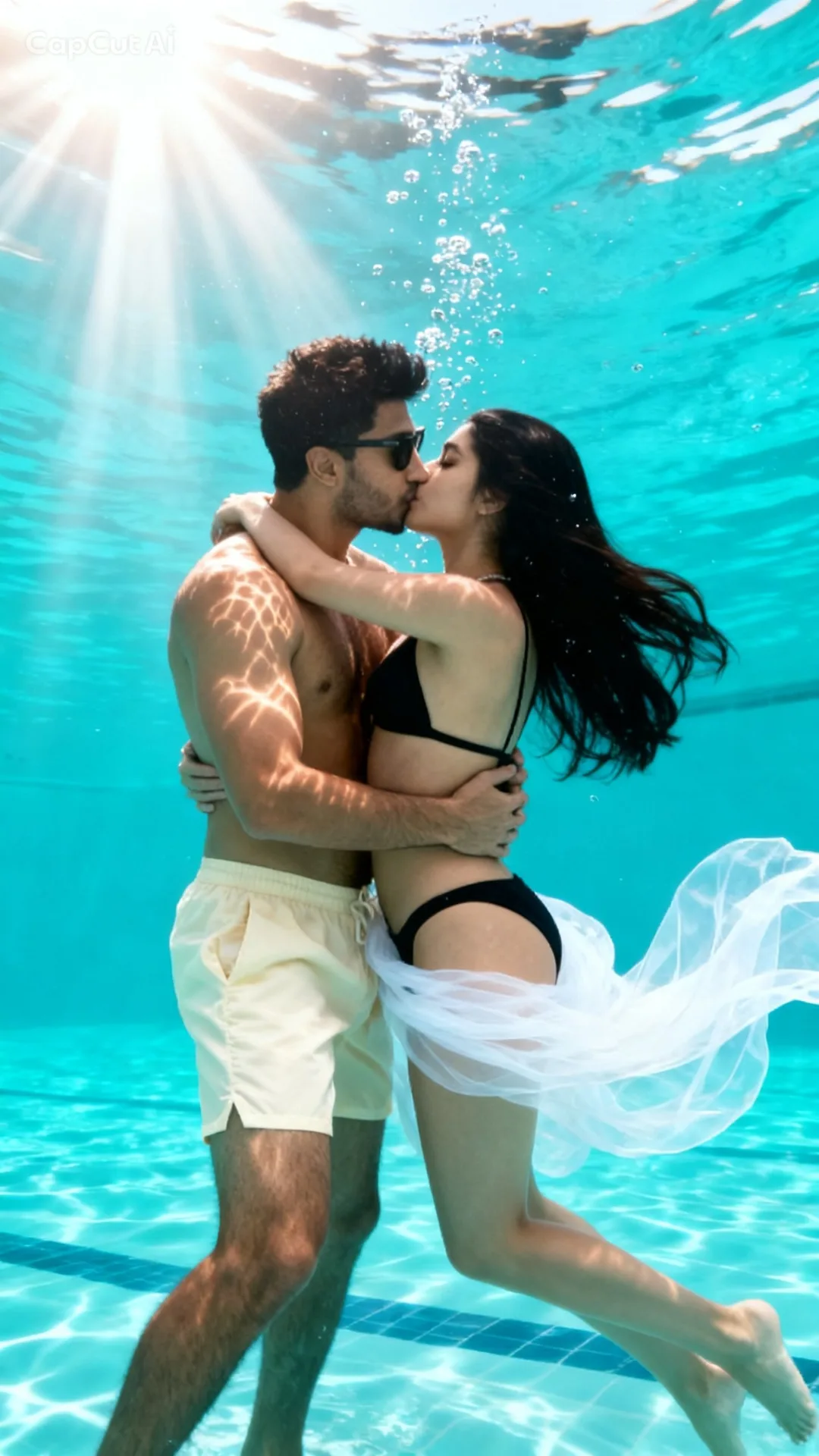I've created four dramatic underwater versions of you both kissing in a sunlit pool.