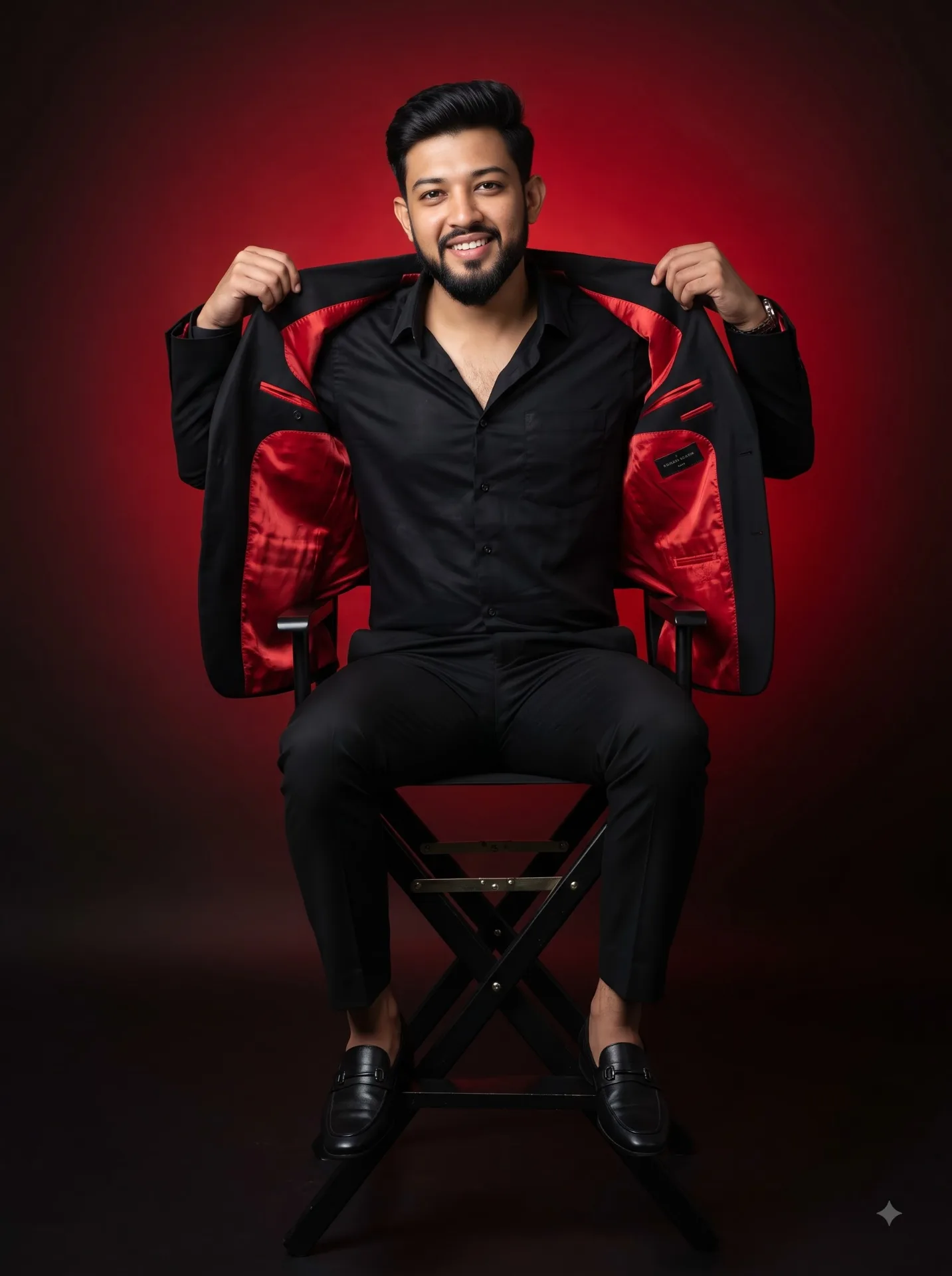 sitting on a black folding director's chair