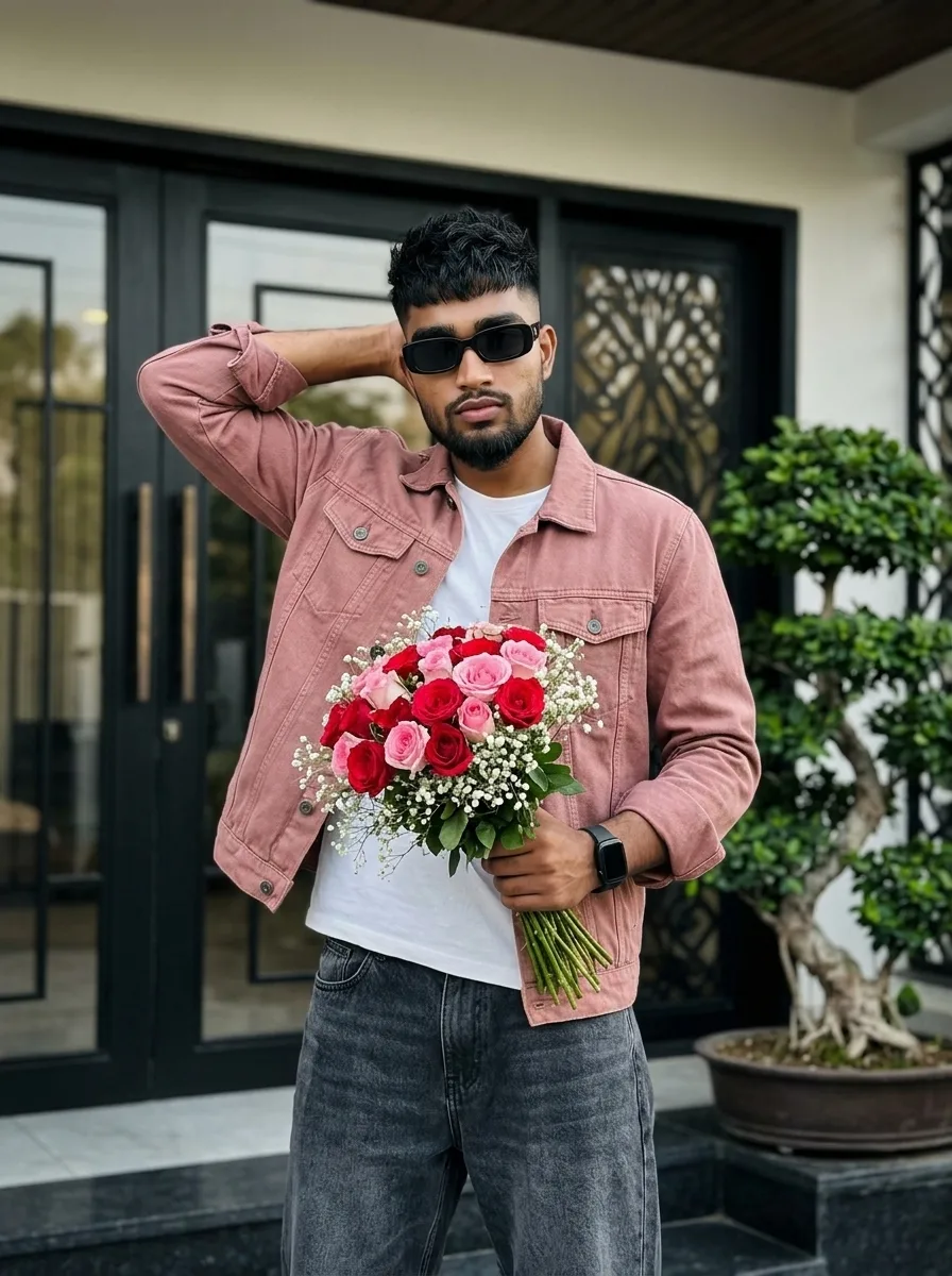 Dusty Pink Denim Jacket Male Portrait Holding Rose Bouquet Prompt