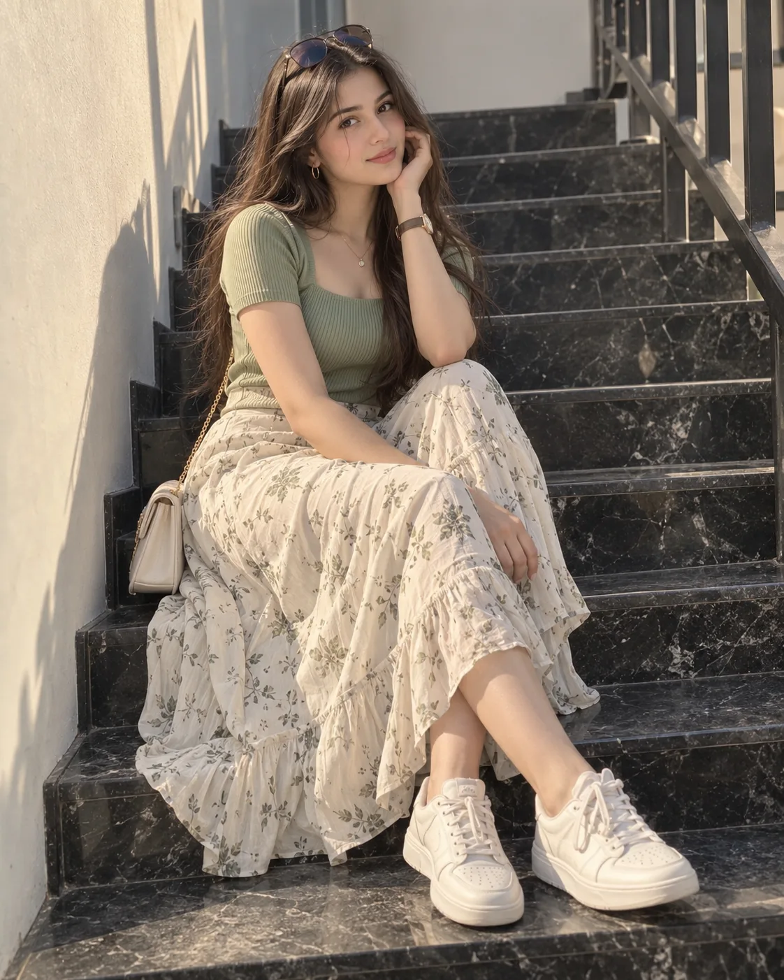Elegant Staircase Street Style — Cinematic Full-Body Portrait