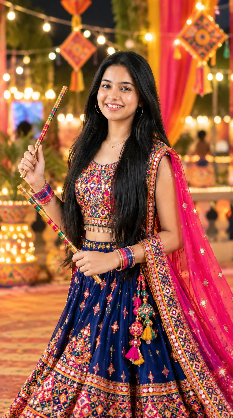 Pink Multicolor Mirror-Work Navratri Portrait