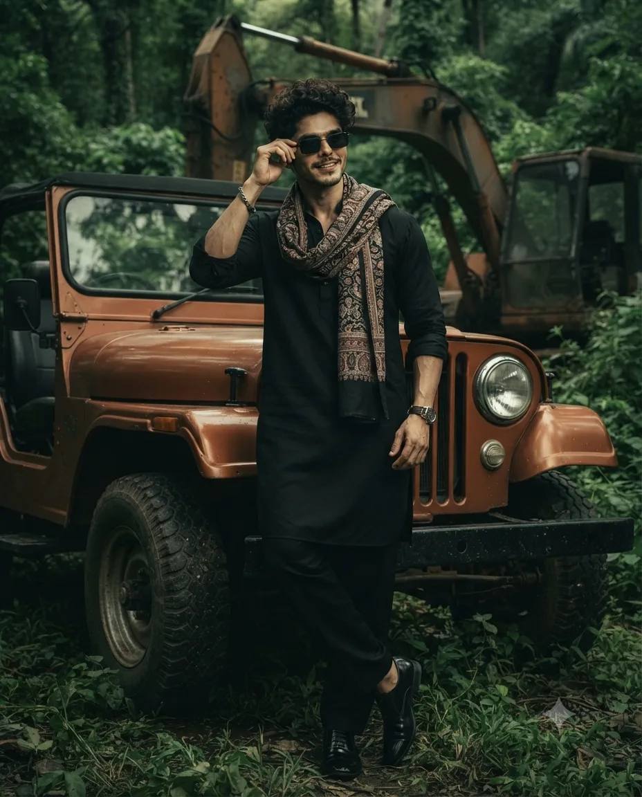 The person is standing confidently beside a vintage orange-brown off-road Jeep