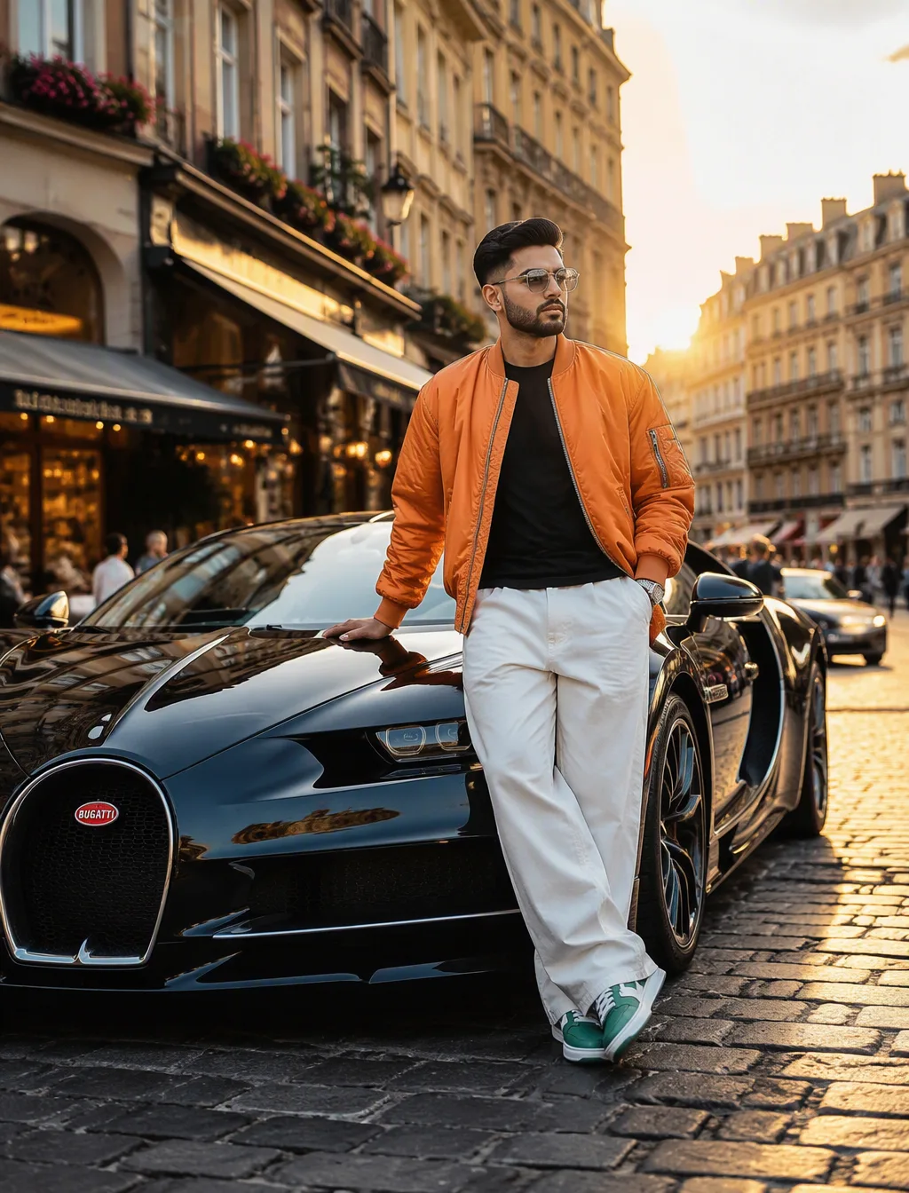 Confident Young Man Leaning on Black Bugatti Chiron on European Cobblestone Street Prompt