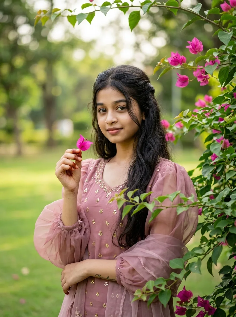Garden Female Portrait Holding Pink Bougainvillea Flower in Puff-Sleeve Kurti Prompt