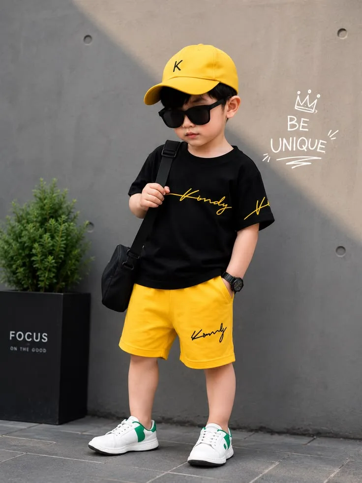 Streetwear Kid Portrait in Yellow Baseball Cap & Black Graphic Tee Prompt