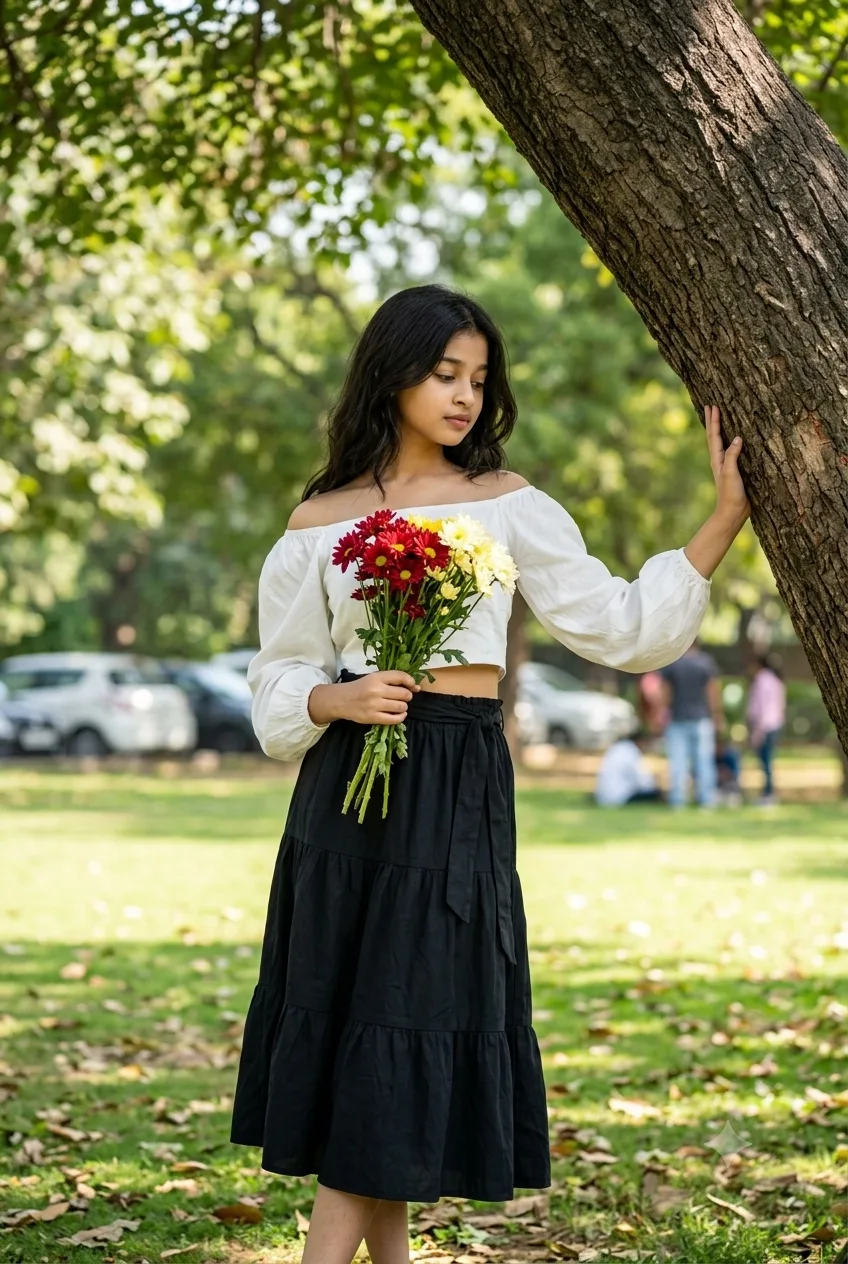 Charming Off-Shoulder Top Park Floral Portrait