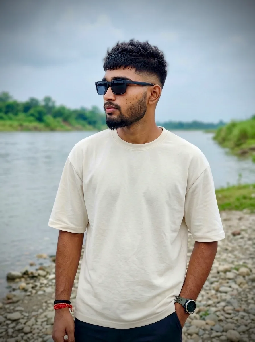 Candid Male Riverside Portrait in Off-White Oversized T-Shirt & Sunglasses Prompt