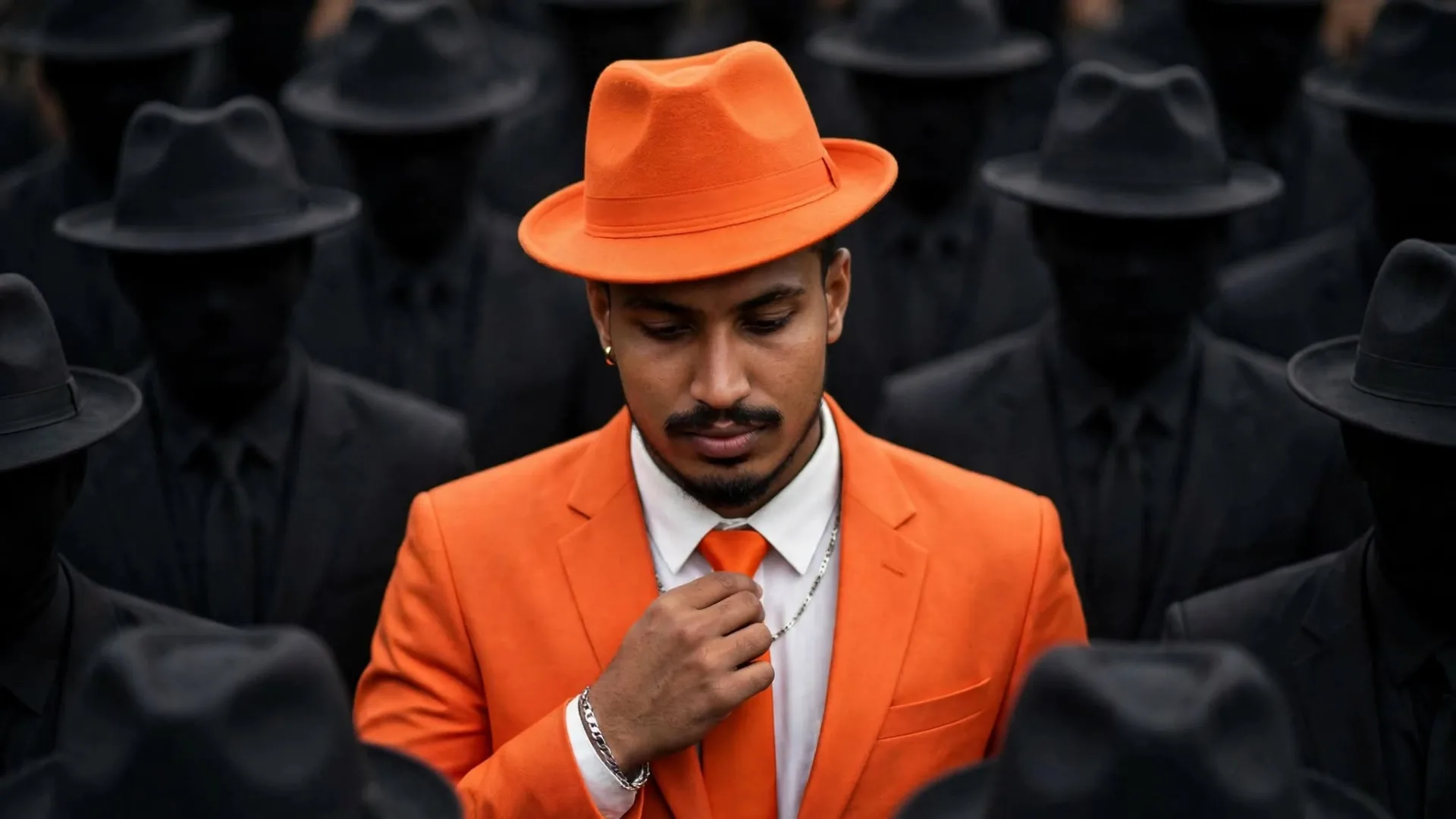 Stand Out Crowd - Man in Orange Suit Cinematic Portrait