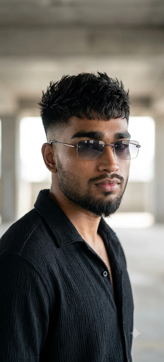 Rimless Sunglasses Male Close-Up Portrait with Spiky Textured Fade Prompt