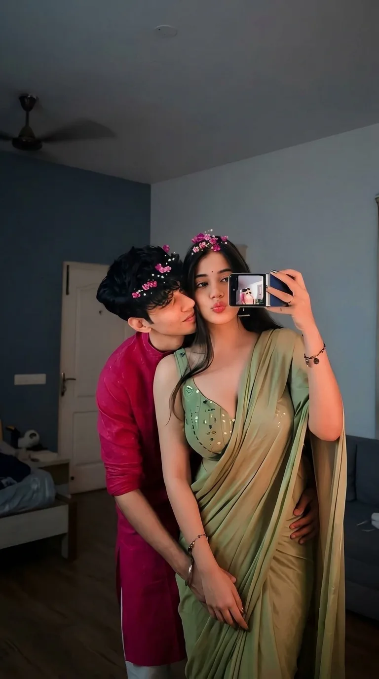 Candid Mirror Selfie of Young Indian Couple in 9:16 Aspect Ratio