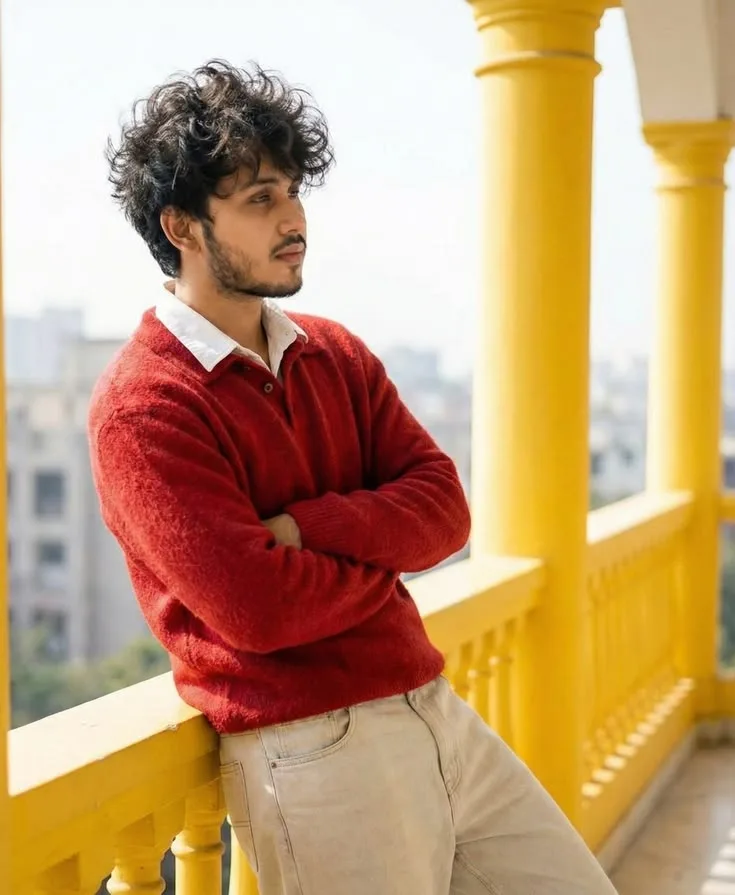 Candid Balcony Portrait of Young Man in Red Knit Sweater