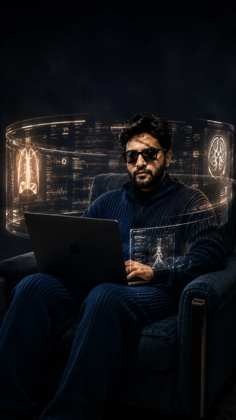 Futuristic Medical AI Workspace — Cinematic Holographic Technology Portrait