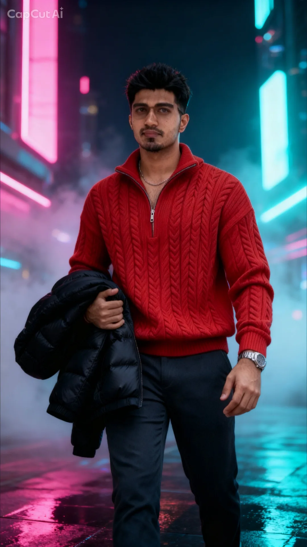 Ultra-realistic cinematic portrait of a stylish young person standing in a futuristic city at night, illuminated by soft