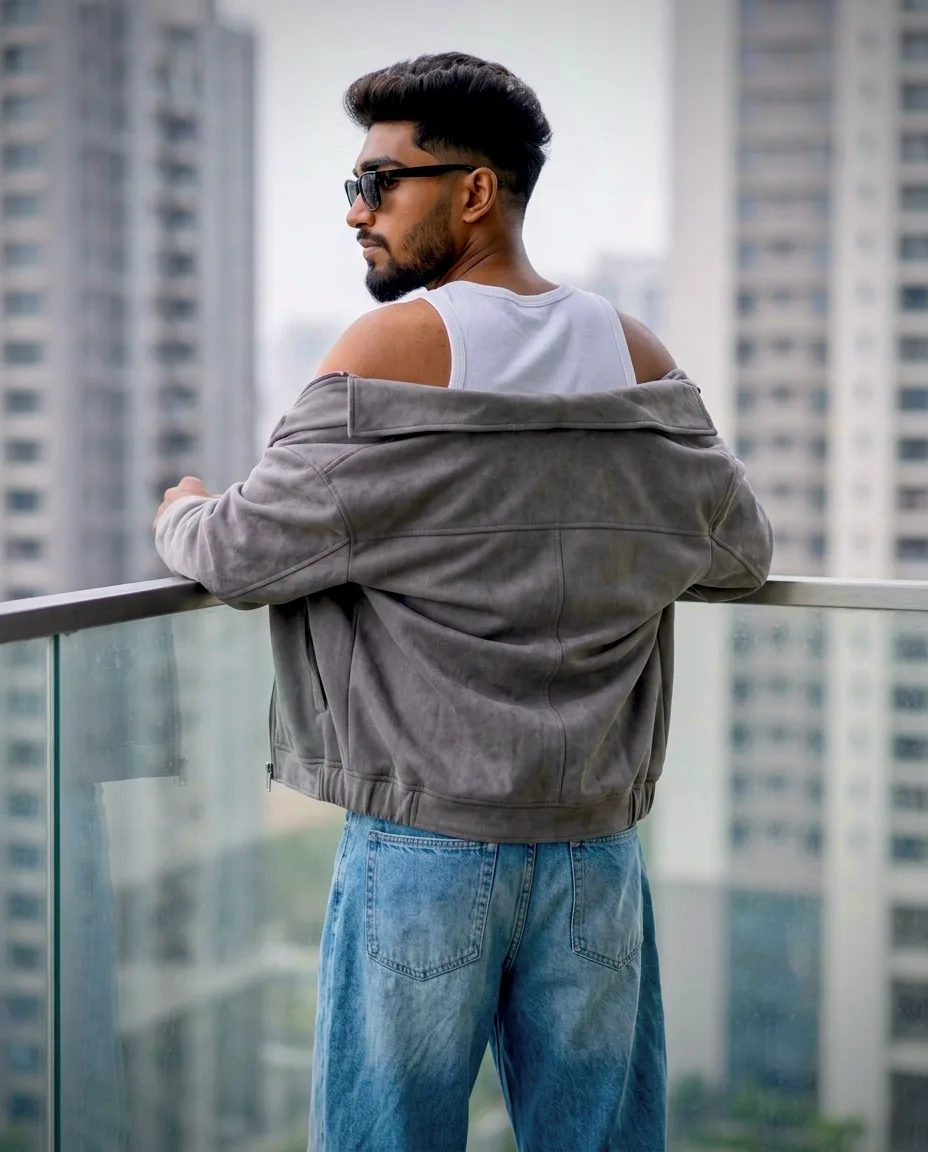 Candid Urban Balcony Portrait of Young Man Overlooking High-Rise Buildings