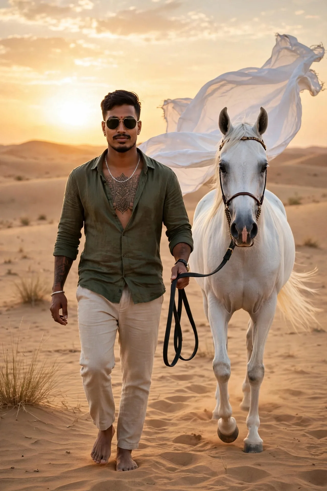 Olive green shirt, chest tattoo, sunglasses, white Arabian horse, desert sunset - full 8K cinematic.