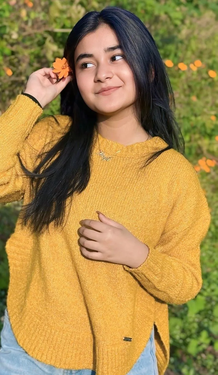 Golden Sunlight Female Portrait in Mustard Knit Sweater with Orange Flower Prompt