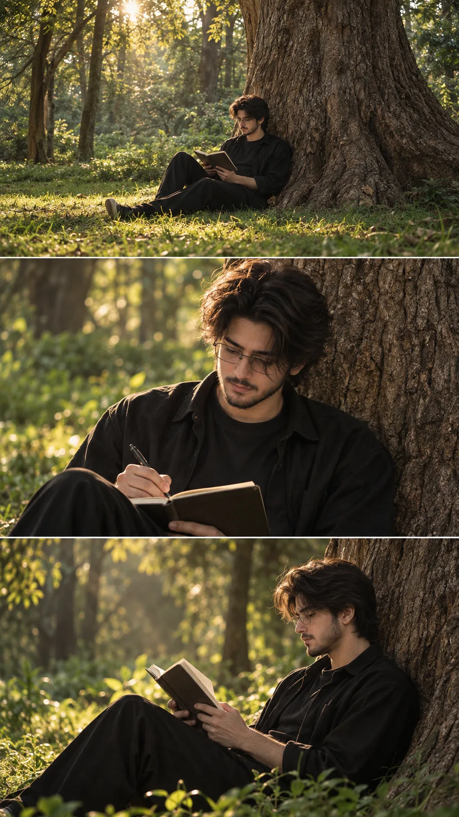 Golden-Hour Forest Reading Triptych