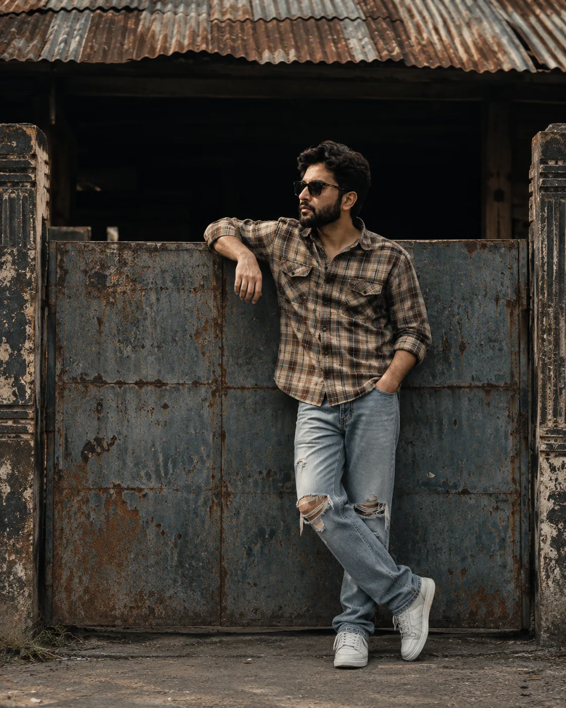 Gritty Portrait by a Rusted Gate