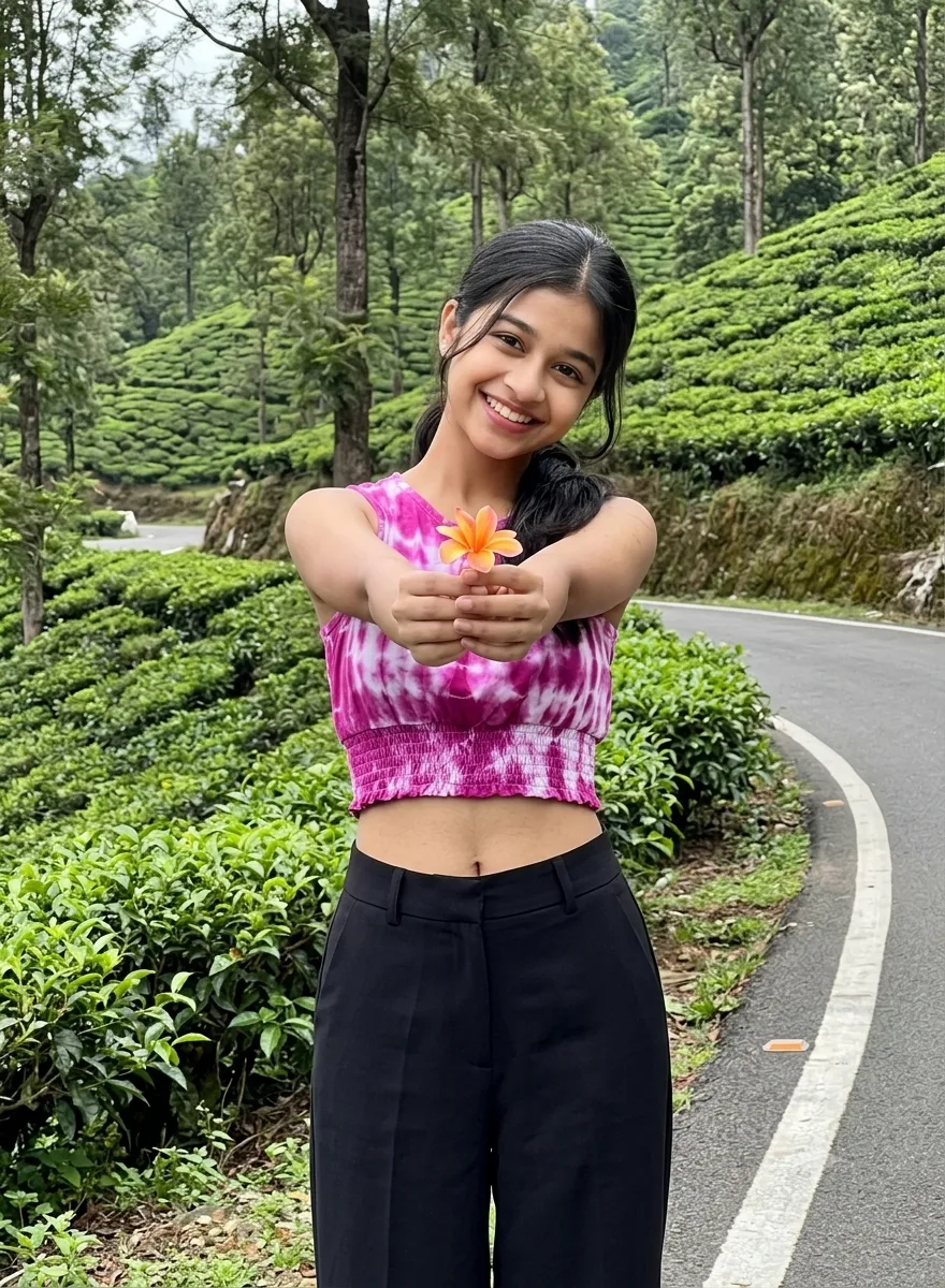 Tea Plantation Roadside Female Portrait Holding Flower with Playful Smile Prompt