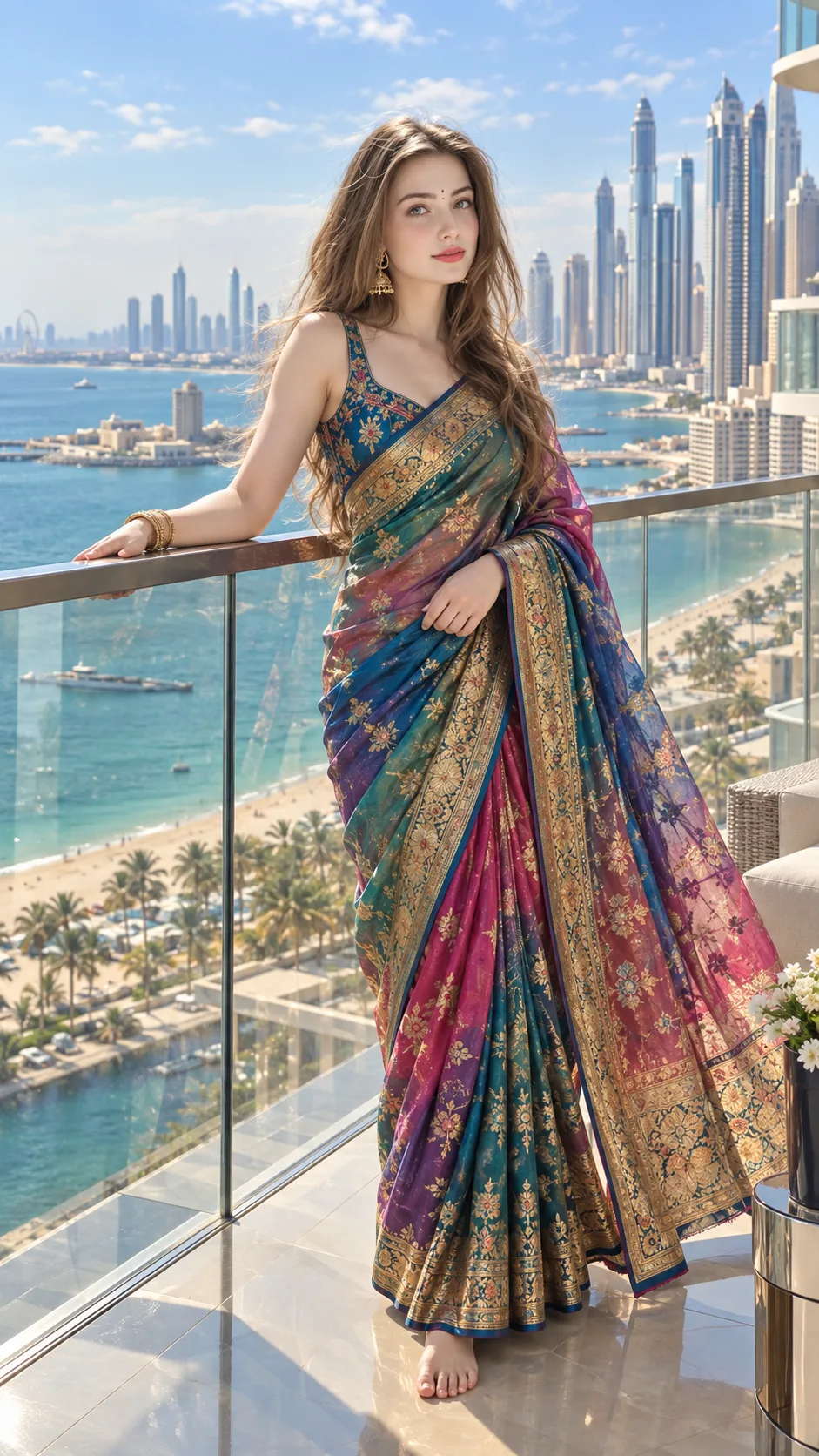 Jewel-Toned Grace: Saree Elegance Above the City