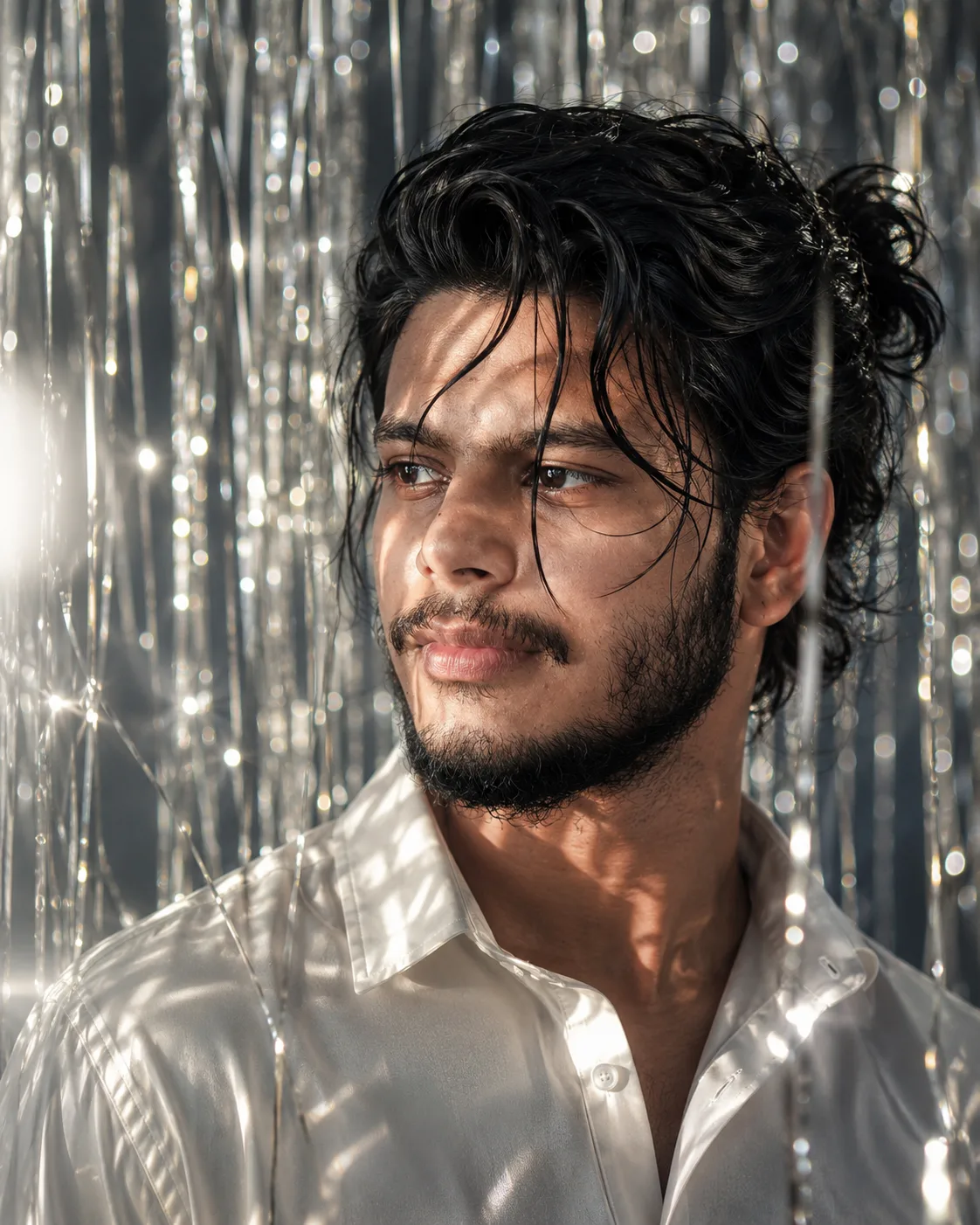 Elegant Man with Messy Top Knot Against Sparkling Curtain