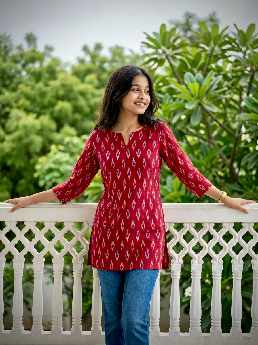 Crimson Ikat Kurti Balcony Garden Portrait