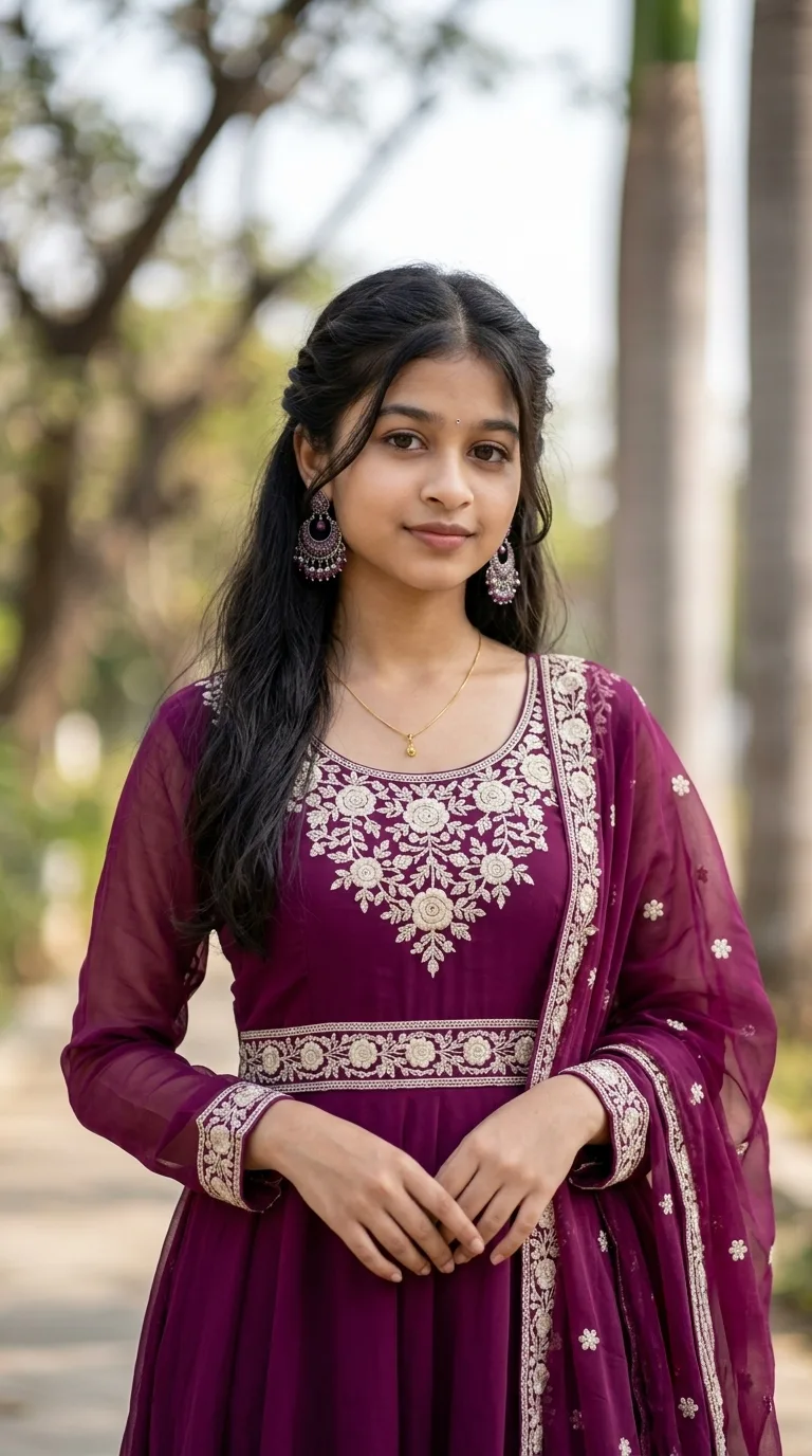 Elegant Indian Ethnic Female Portrait in Plum Anarkali Gown with Intricate Zari Embroidery Prompt