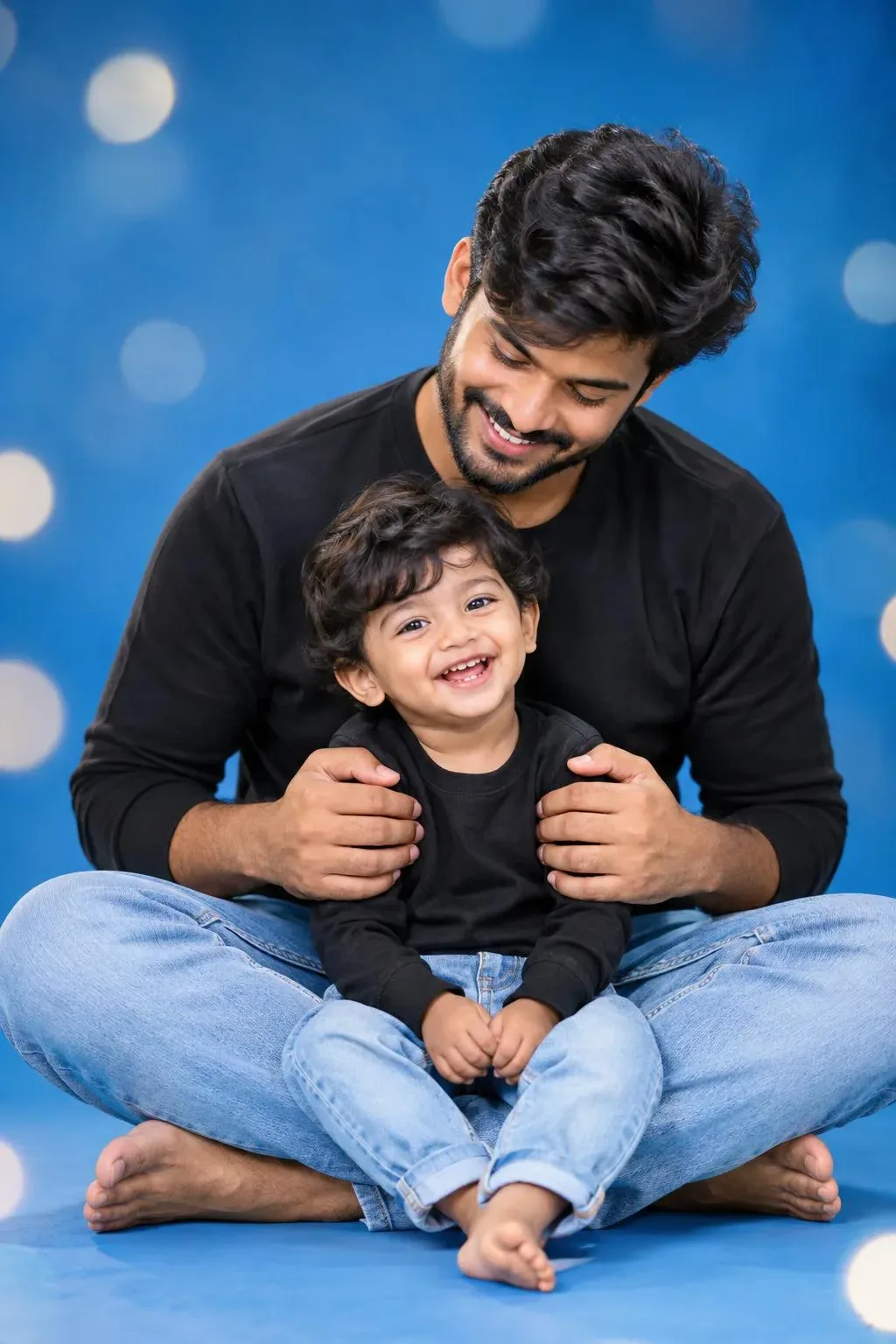 Emotional candid-style studio portrait of a father and Son