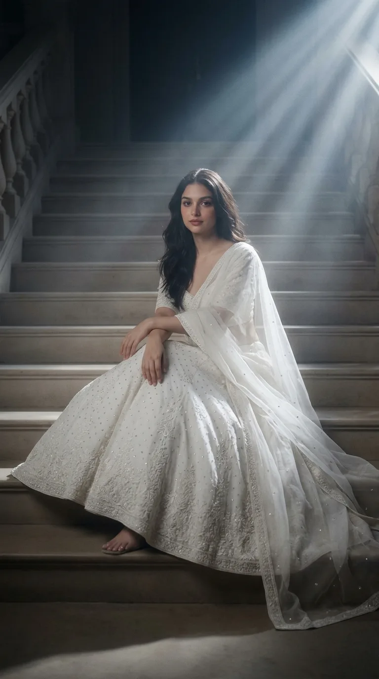 PEARL STAIRCASE — White Crystal Lehenga