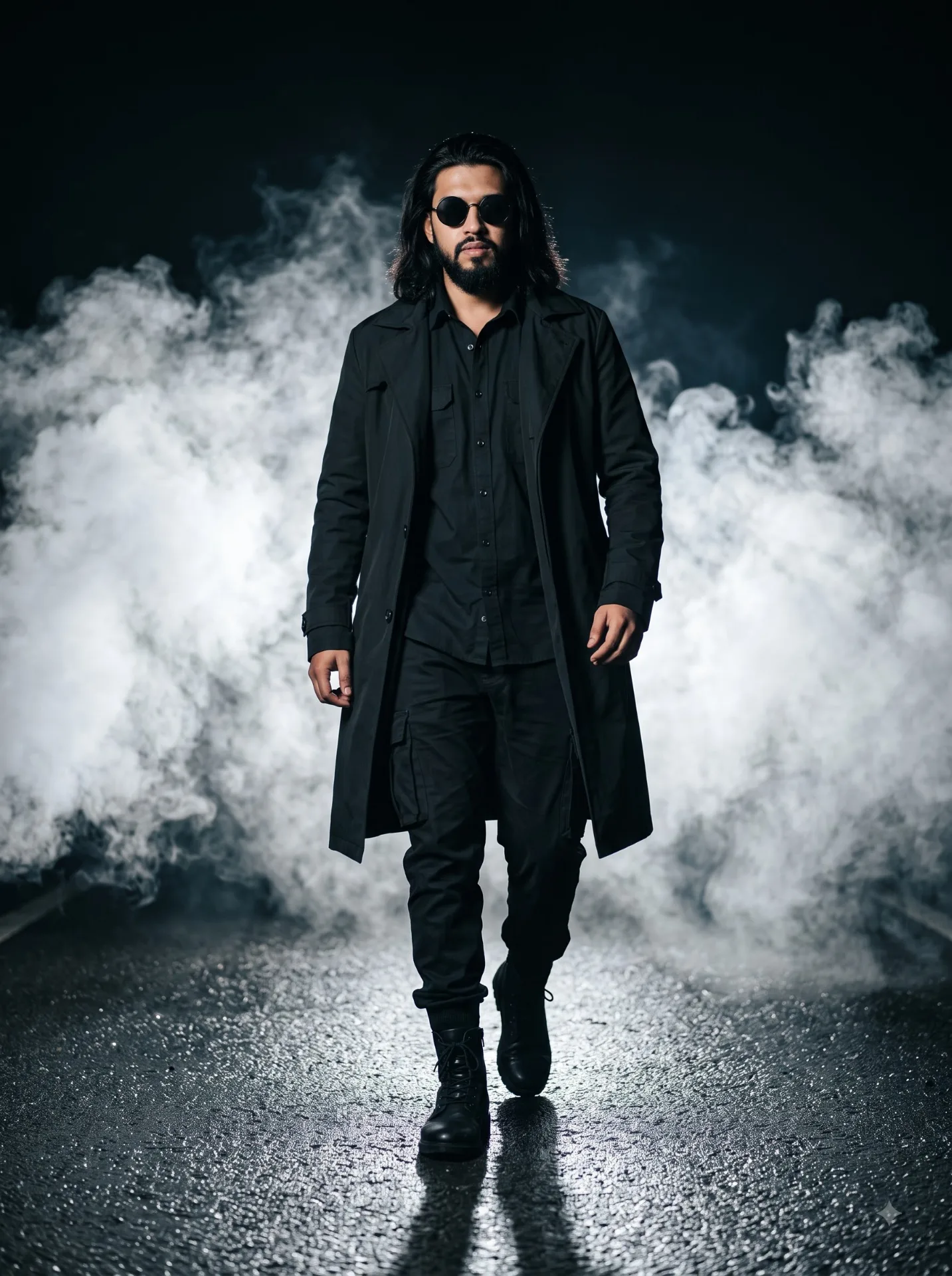 full-length cinematic shot of a rugged, heavily bearded man