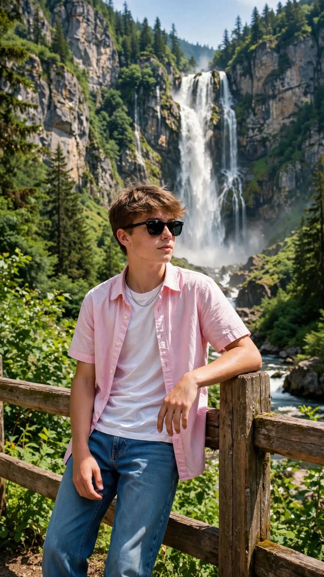 Waterfall Travel Portrait - Pink Shirt Man with Sunglasses