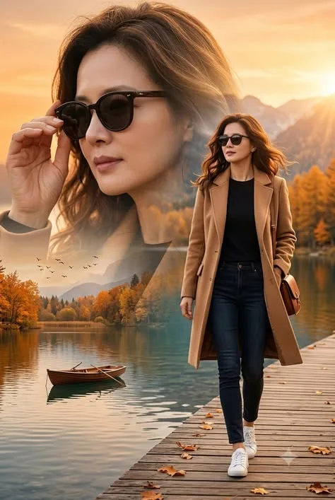 Double exposure cinematic collage of a stylish woman on a wooden dock by an autumn alpine lake at sunset