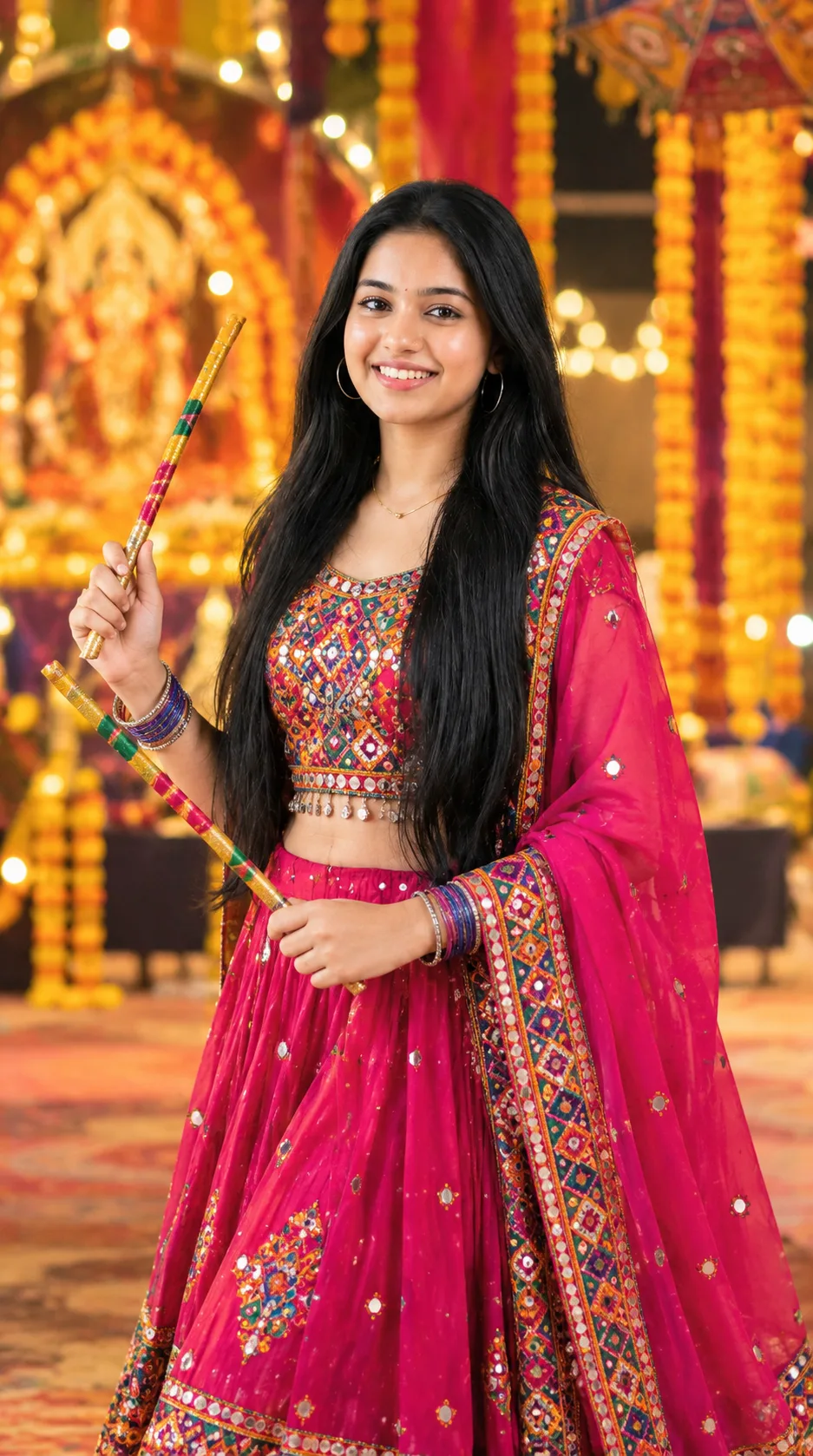 Pink Mirror-Work Navratri Lehenga Portrait Prompt