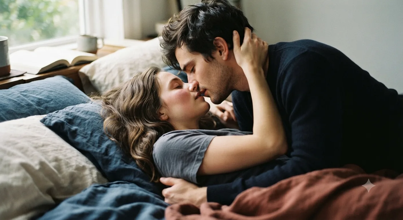 Kiss in a cozy bedroom