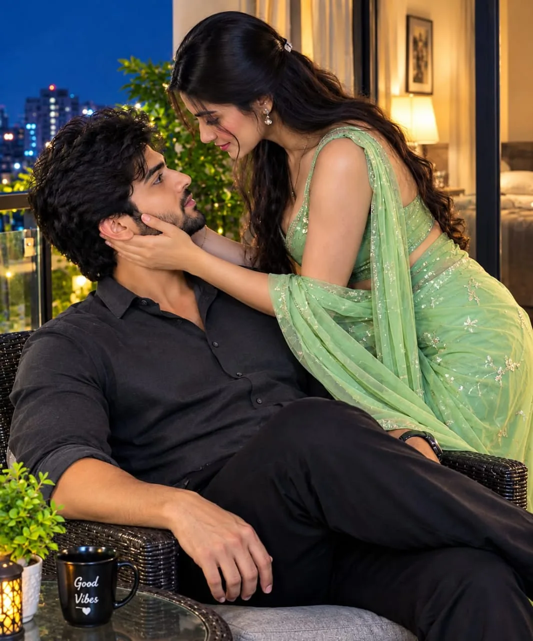 Intimate Nighttime Balcony Romance