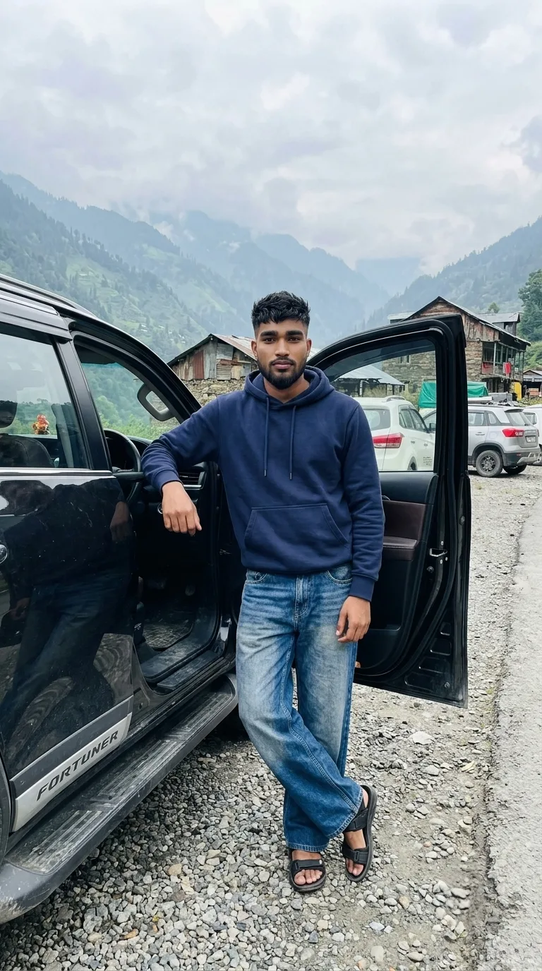 Mountain Road Trip Male Portrait Leaning on Fortuner SUV in Navy Hoodie Prompt
