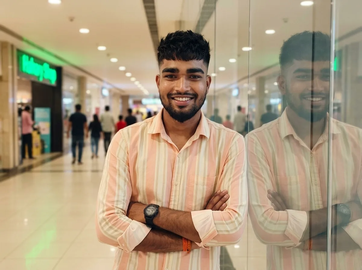 Shopping Mall Male Portrait Leaning Against Glass Wall with Reflection Prompt
