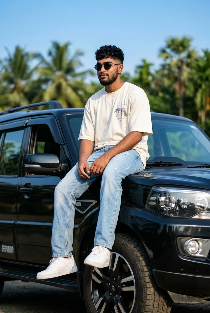 Black 4x4 Thar Hood Seated Male Portrait in Cream Tee & Light Denim Prompt