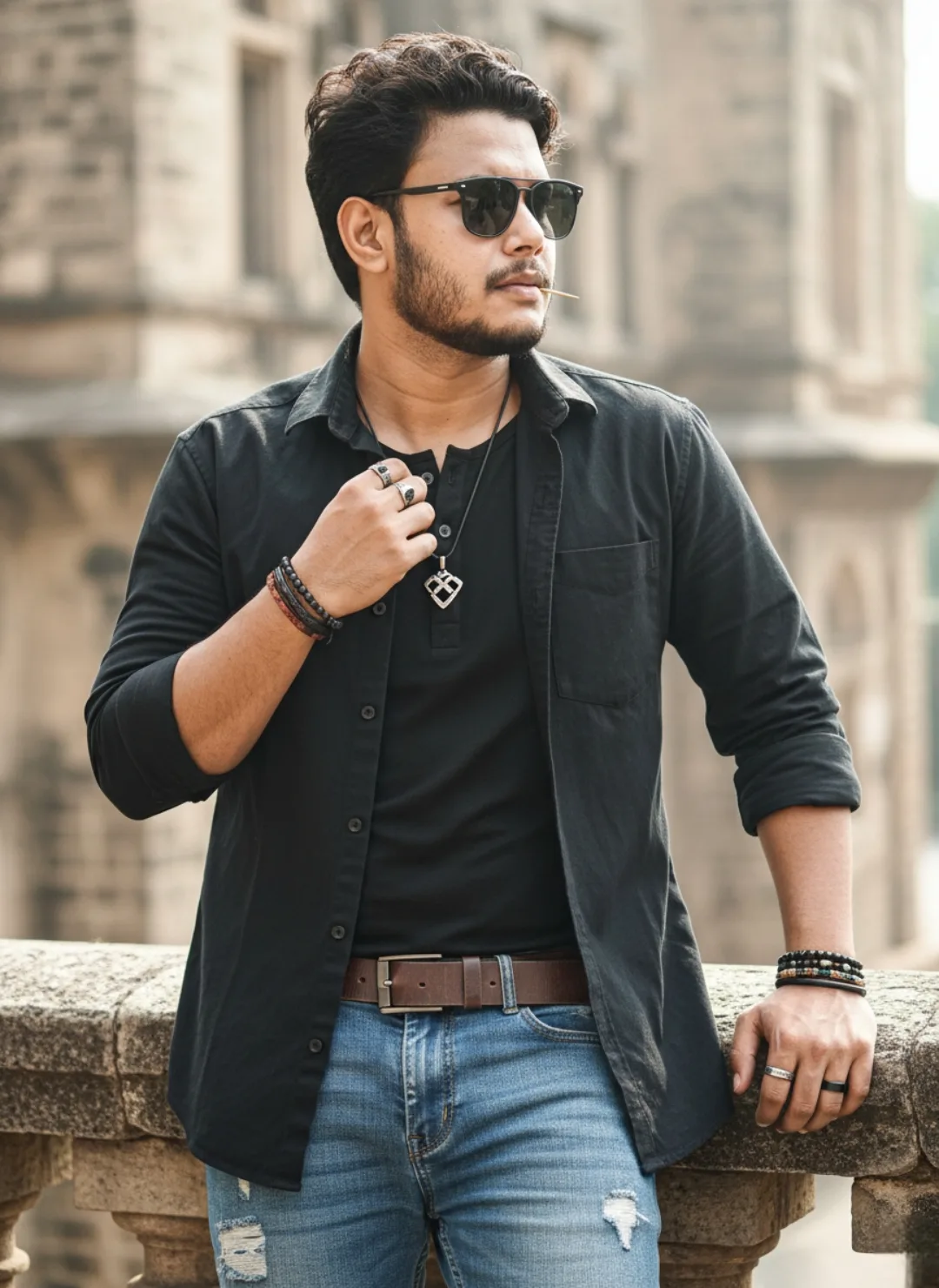 Stylish Young Man in Black Outfit with Sunglasses by Stone Castle