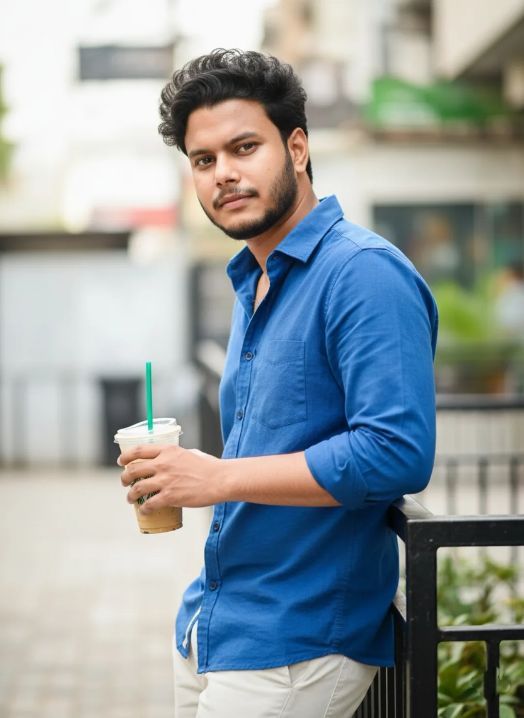 Title:** Stylish Young Man with Starbucks Coffee  **Prompt:*