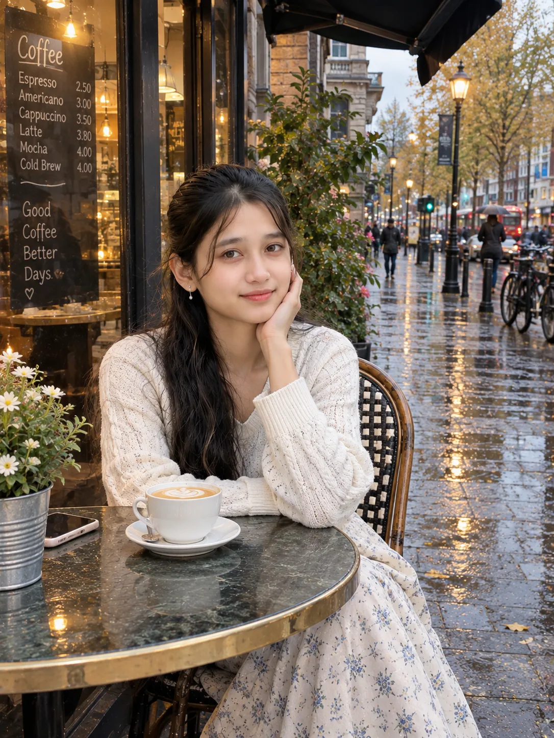 Rainy Café Evening — Cozy Girl Portrait