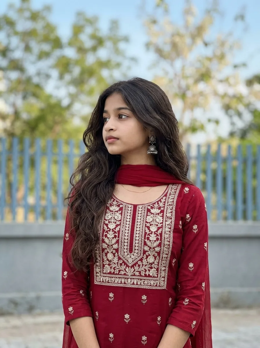 Maroon Embroidered Kurti Female Portrait with Silver Jhumkas by Garden Fence Prompt