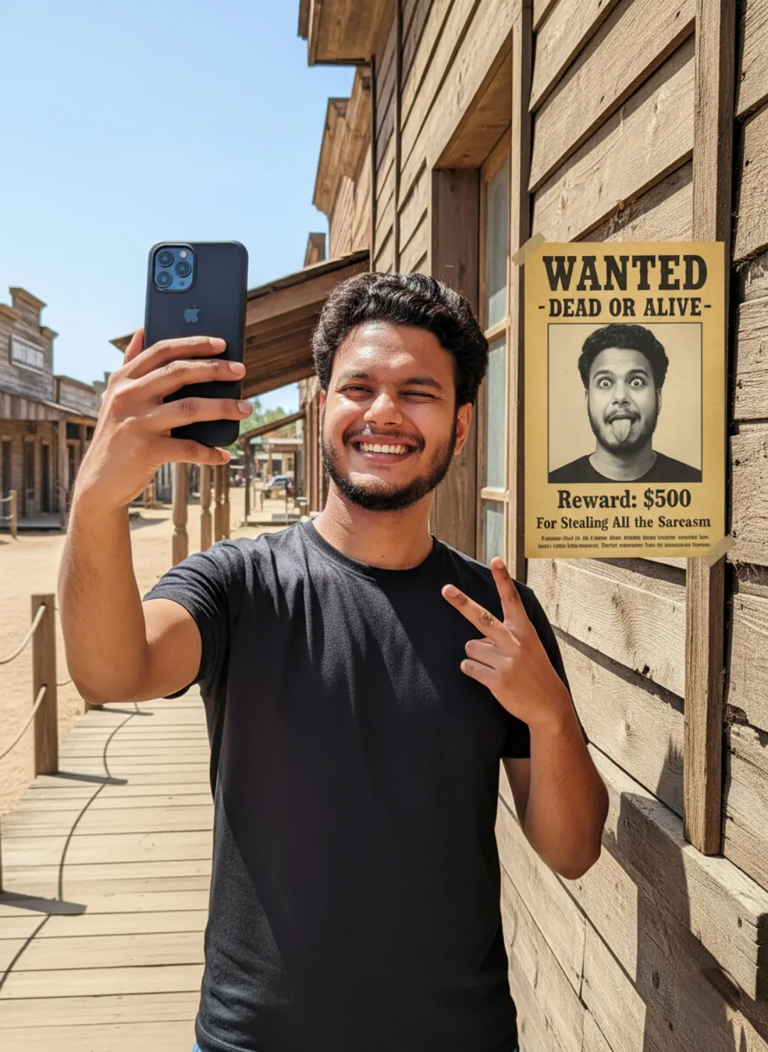 Western Town Selfie with Wanted Poster