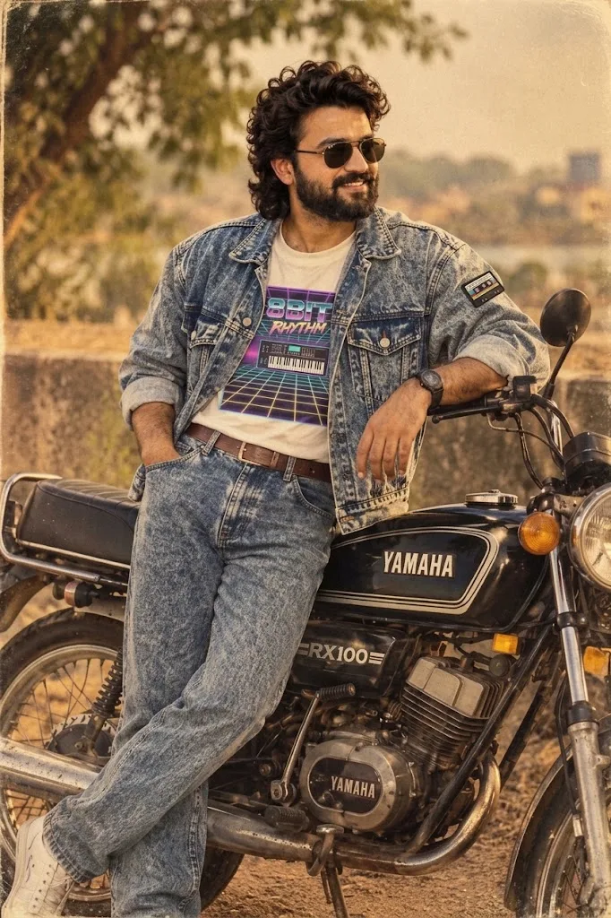 Retro Vibe: Man in Double Denim on a Classic Yamaha RX100