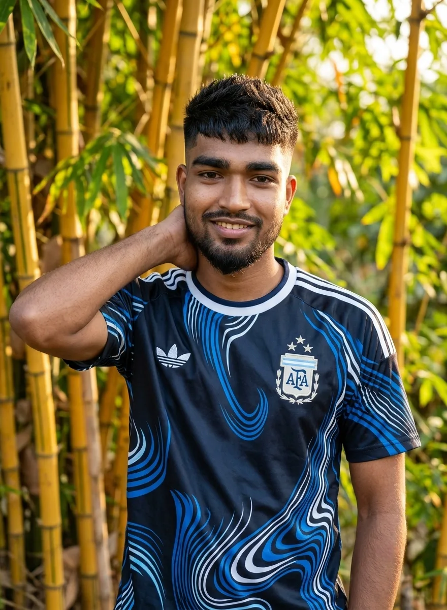 Golden Hour Male Portrait in Argentina Football Jersey with Bamboo Grove Prompt