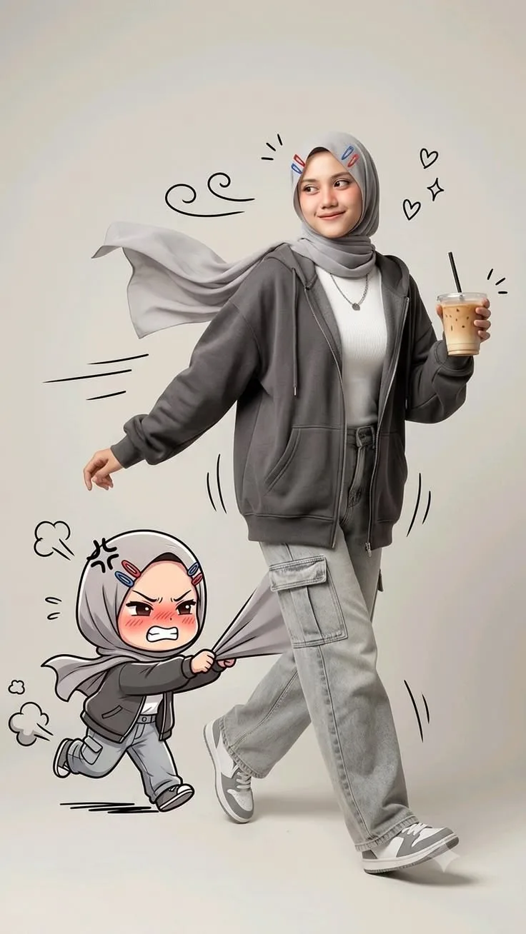 Realistic Hijabi Streetwear Girl with Chibi Scarf-Pulling Companion