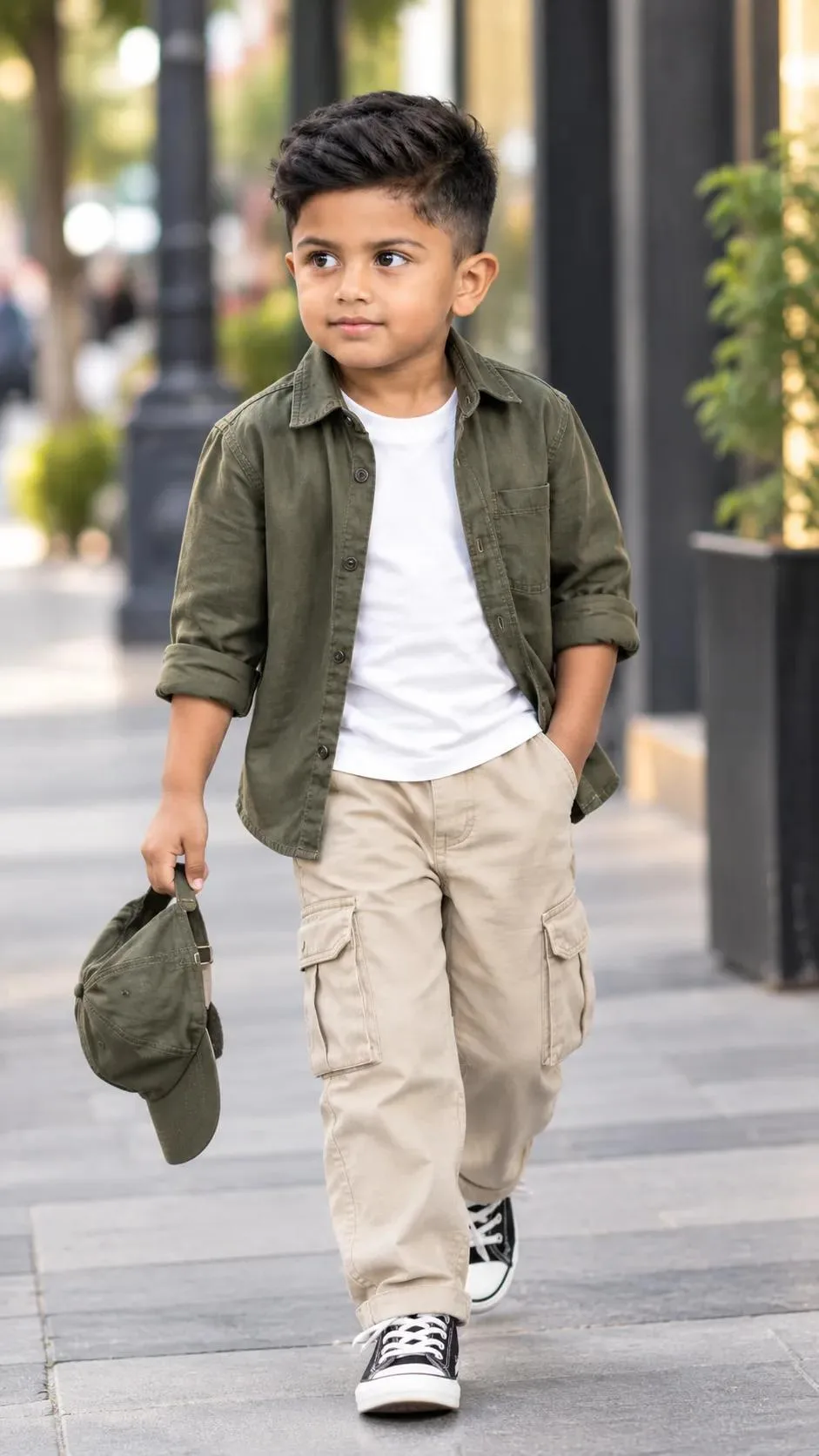 photorealistic, full-body fashion editorial shot of a young boy