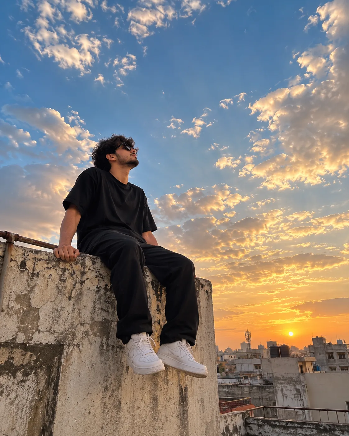 Ultra realistic rooftop sky portrait prompt