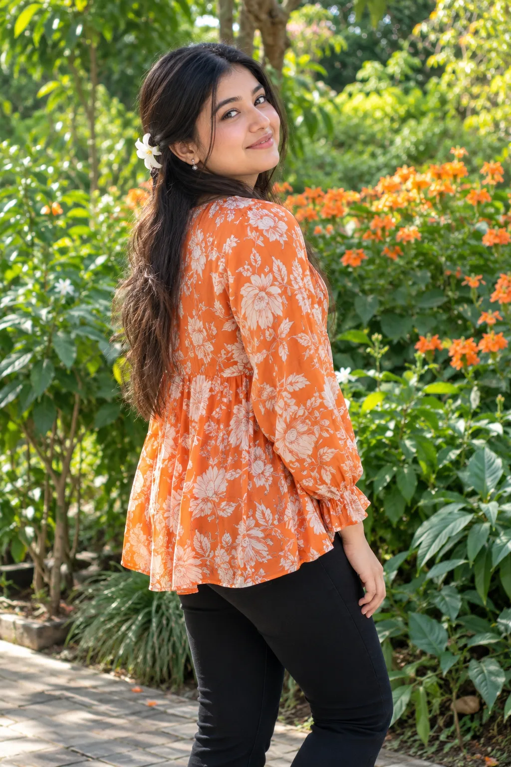 Orange Floral Garden — Natural Cinematic Portrait